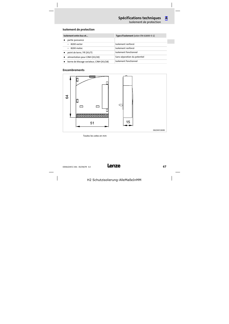Isolement de protection, Encombrements, Spécifications techniques | Lenze E82ZAFCC001 User Manual | Page 67 / 82