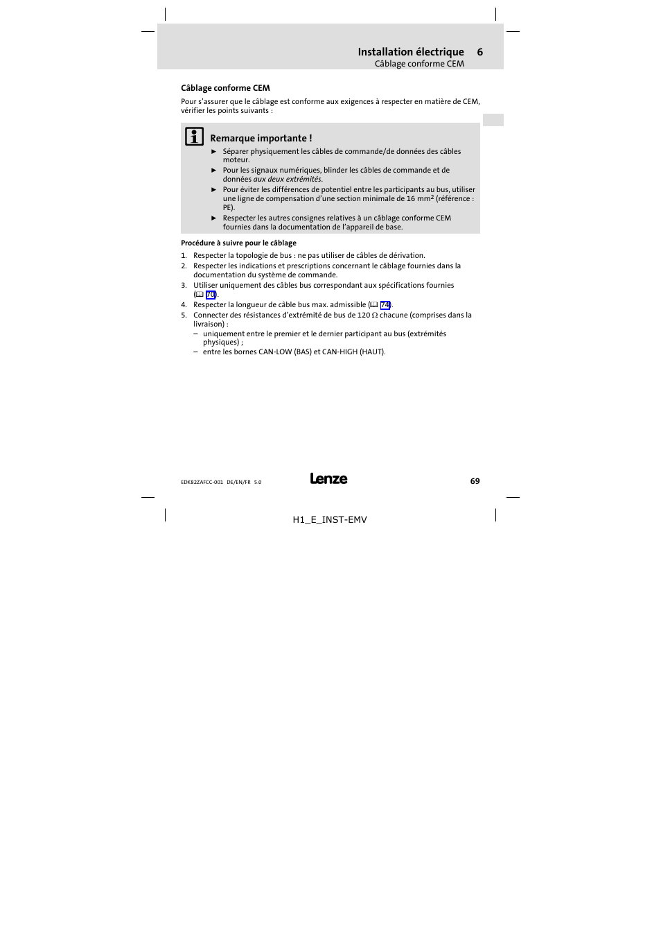 6 installation électrique, Câblage conforme cem, Installation électrique | Lenze E82ZAFCC001 User Manual | Page 69 / 82