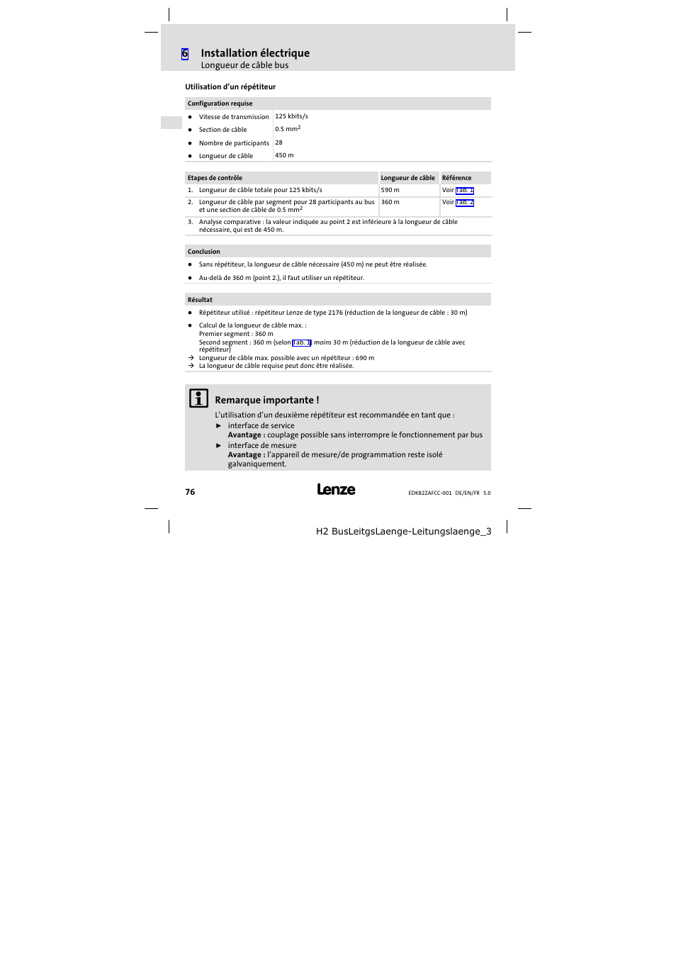 6installation électrique, Remarque importante | Lenze E82ZAFCC001 User Manual | Page 76 / 82