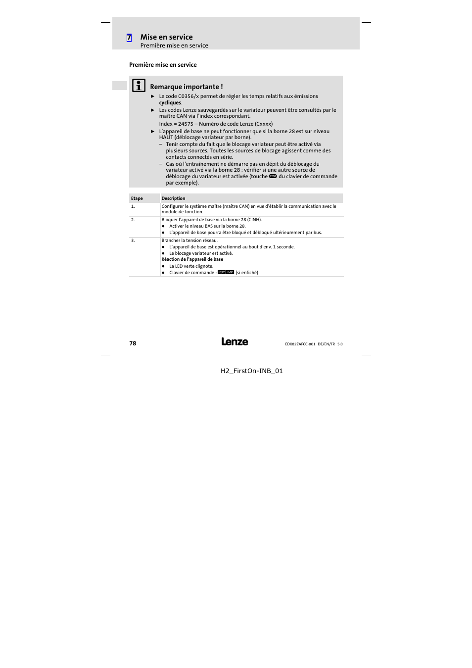 Première mise en service, 7mise en service | Lenze E82ZAFCC001 User Manual | Page 78 / 82