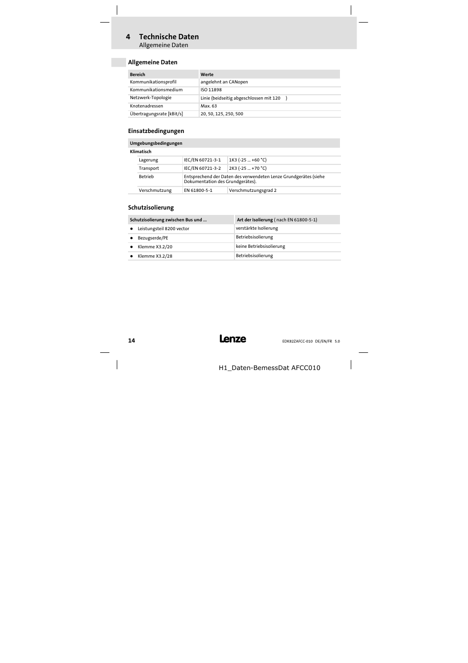 4 technische daten, Allgemeine daten, Einsatzbedingungen | Schutzisolierung, Technische daten, 4technische daten | Lenze E82ZAFCC010 User Manual | Page 14 / 84