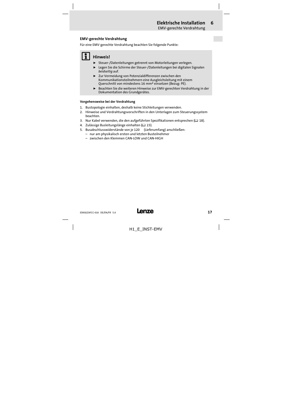 6 elektrische installation, Emv-gerechte verdrahtung, Elektrische installation | Lenze E82ZAFCC010 User Manual | Page 17 / 84