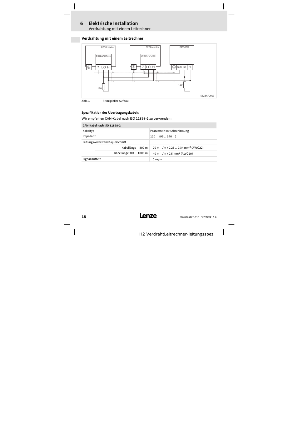 Verdrahtung mit einem leitrechner, 6elektrische installation | Lenze E82ZAFCC010 User Manual | Page 18 / 84