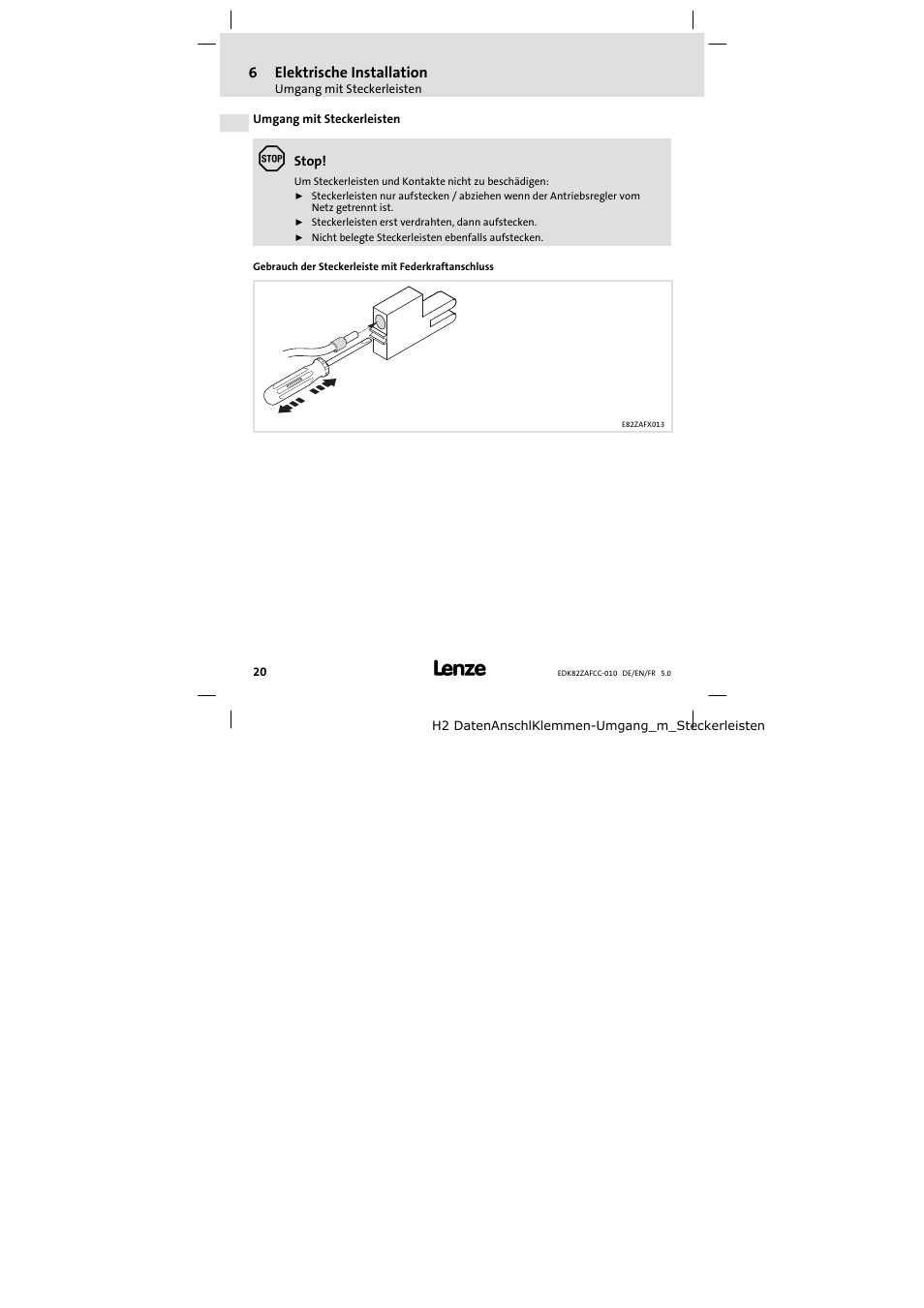 Umgang mit steckerleisten | Lenze E82ZAFCC010 User Manual | Page 20 / 84