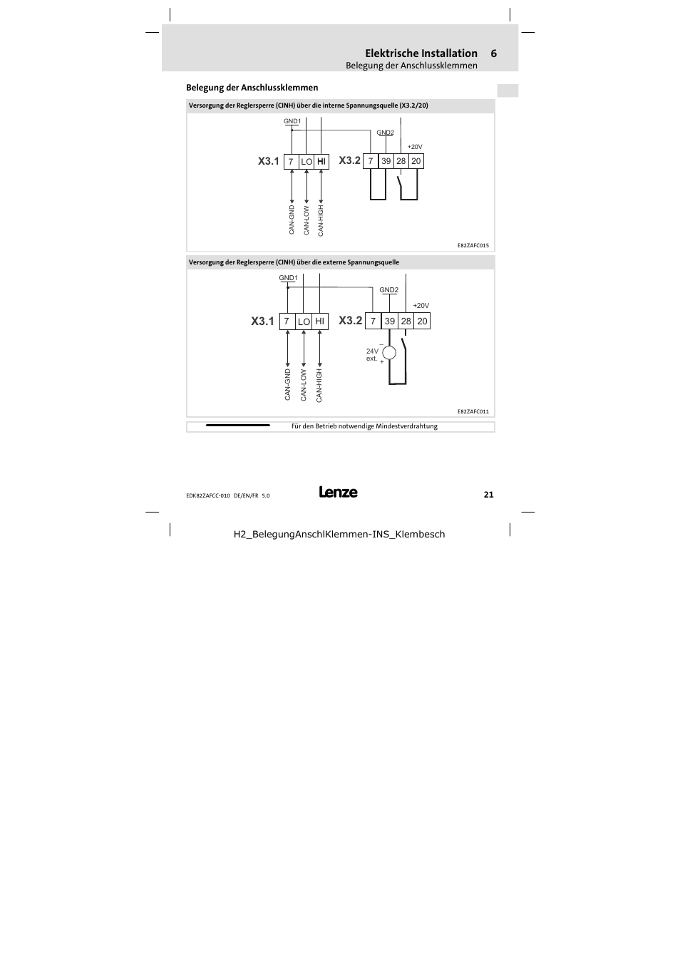 Belegung der anschlussklemmen, X3.1 x3.2, Elektrische installation | Lenze E82ZAFCC010 User Manual | Page 21 / 84