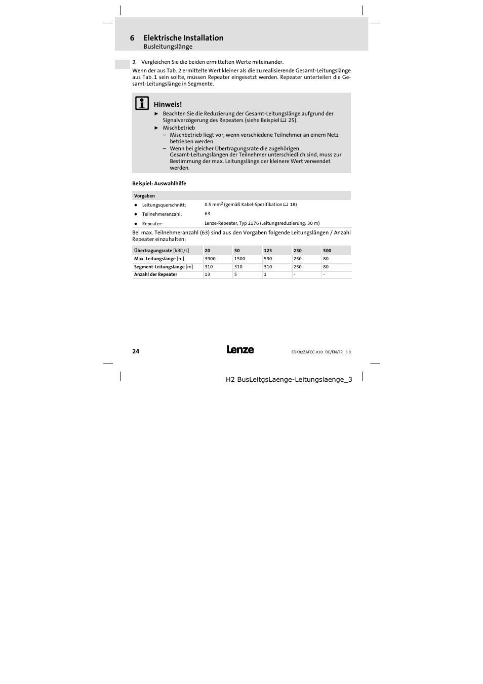 6elektrische installation, Hinweis | Lenze E82ZAFCC010 User Manual | Page 24 / 84