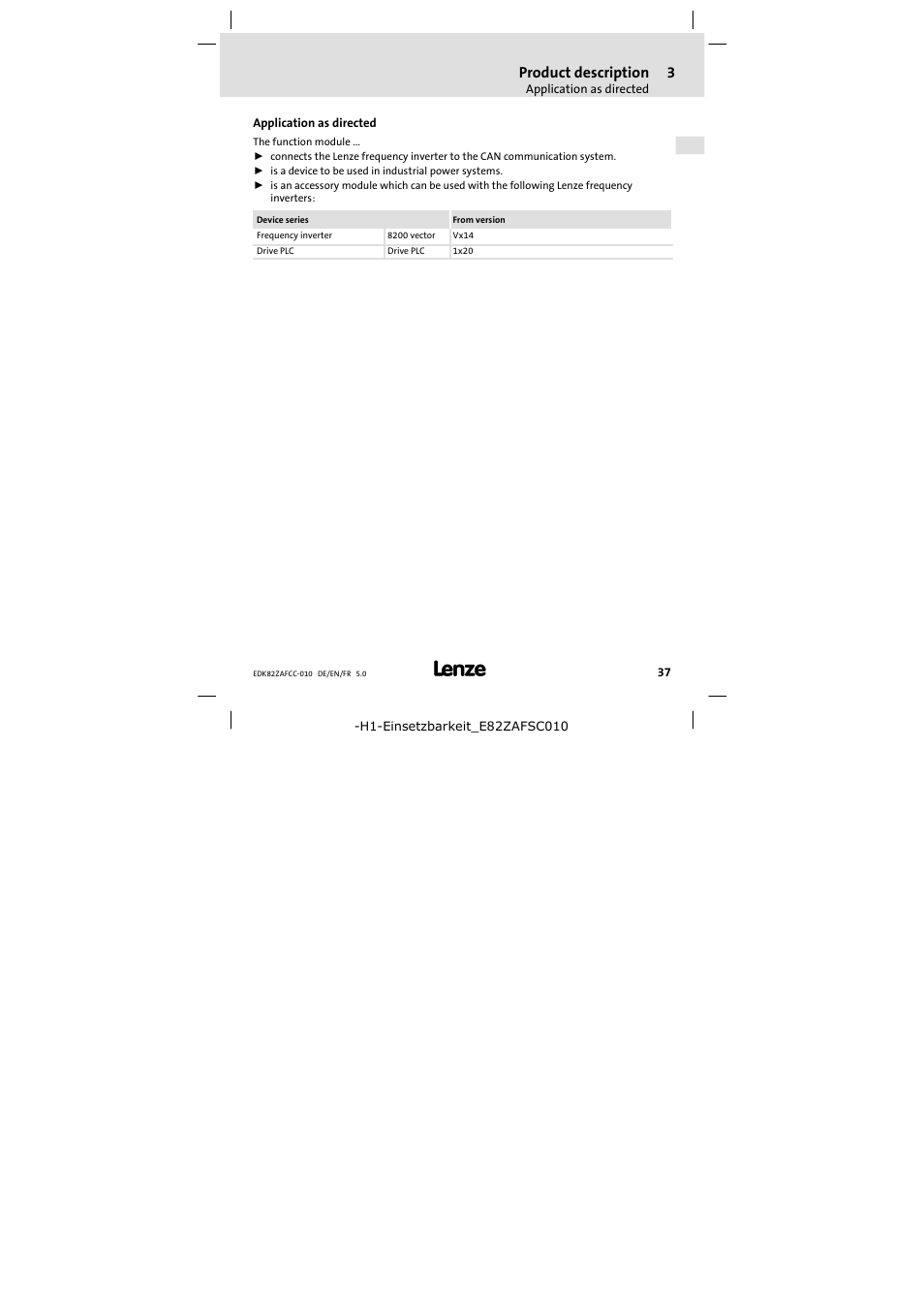 3 product description, Application as directed, Product description | Lenze E82ZAFCC010 User Manual | Page 37 / 84