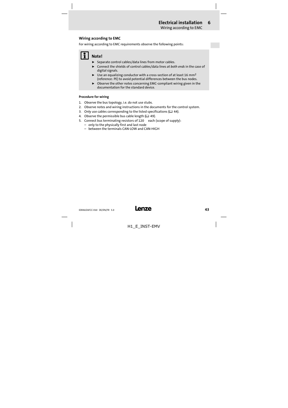 6 electrical installation, Wiring according to emc, Electrical installation | Lenze E82ZAFCC010 User Manual | Page 43 / 84