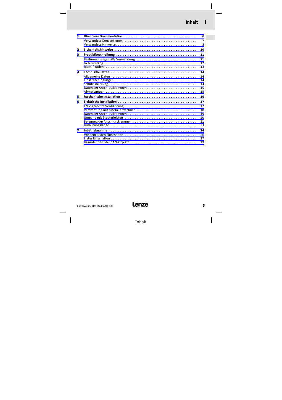 Inhalt, Inhalt i | Lenze E82ZAFCC010 User Manual | Page 5 / 84