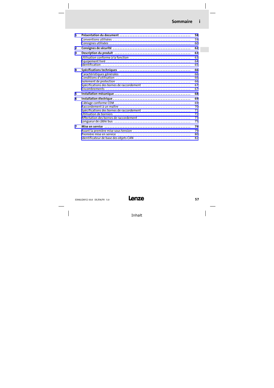 Sommaire, Sommaire i | Lenze E82ZAFCC010 User Manual | Page 57 / 84
