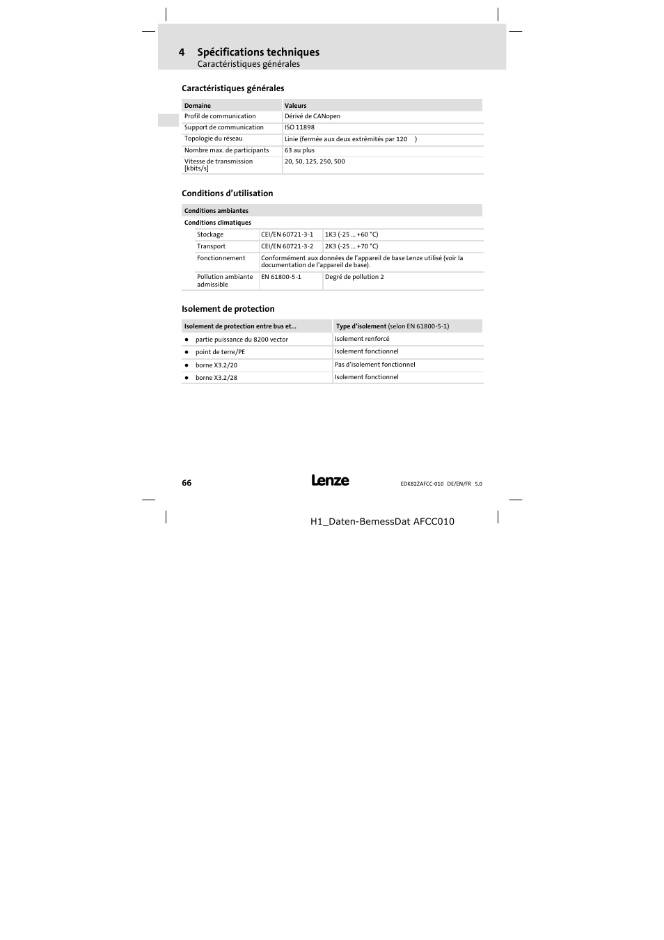 4 spécifications techniques, Caractéristiques générales, Conditions d'utilisation | Isolement de protection, Spécifications techniques, Conditions d’utilisation, 4spécifications techniques | Lenze E82ZAFCC010 User Manual | Page 66 / 84