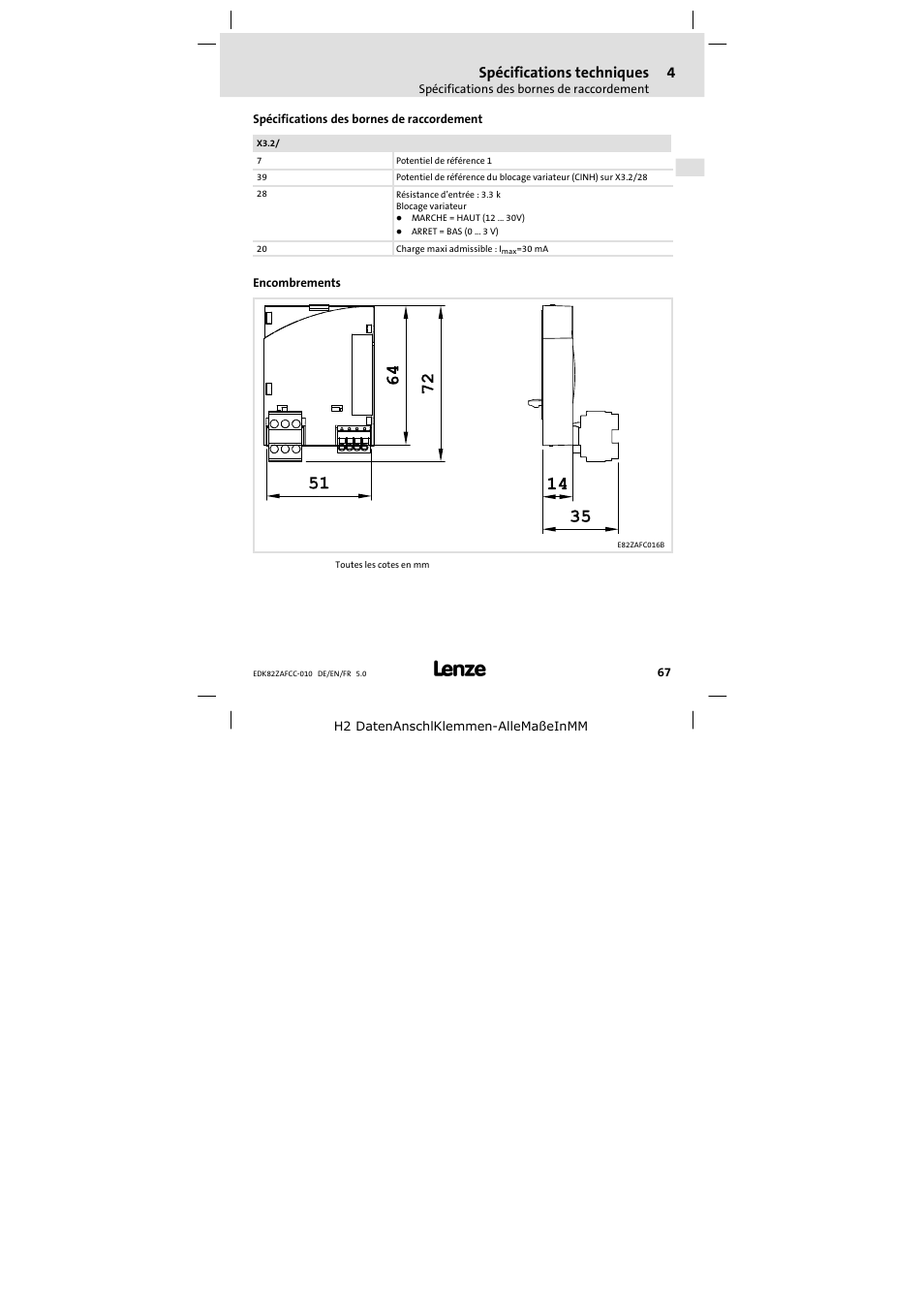 Spécifications des bornes de raccordement, Encombrements, Spécifications techniques | Lenze E82ZAFCC010 User Manual | Page 67 / 84