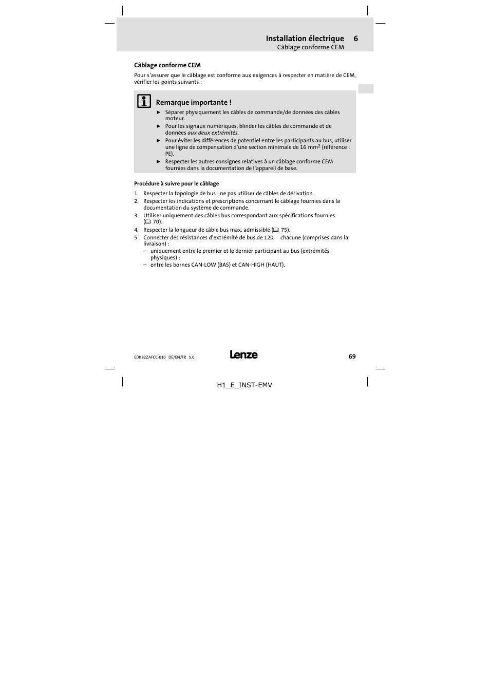 6 installation électrique, Câblage conforme cem, Installation électrique | Lenze E82ZAFCC010 User Manual | Page 69 / 84