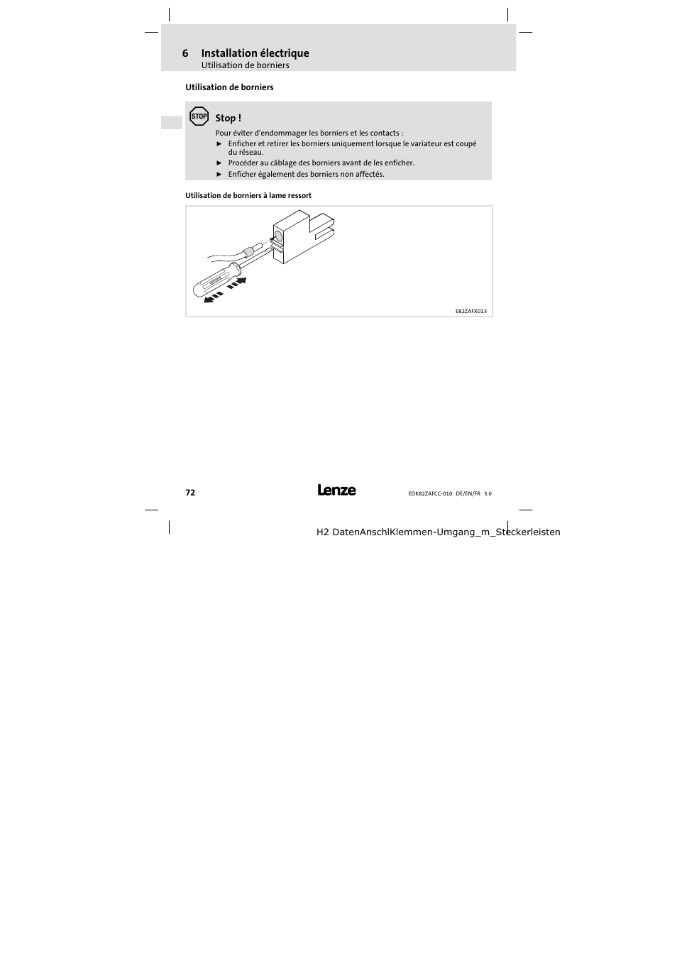 Utilisation de borniers | Lenze E82ZAFCC010 User Manual | Page 72 / 84
