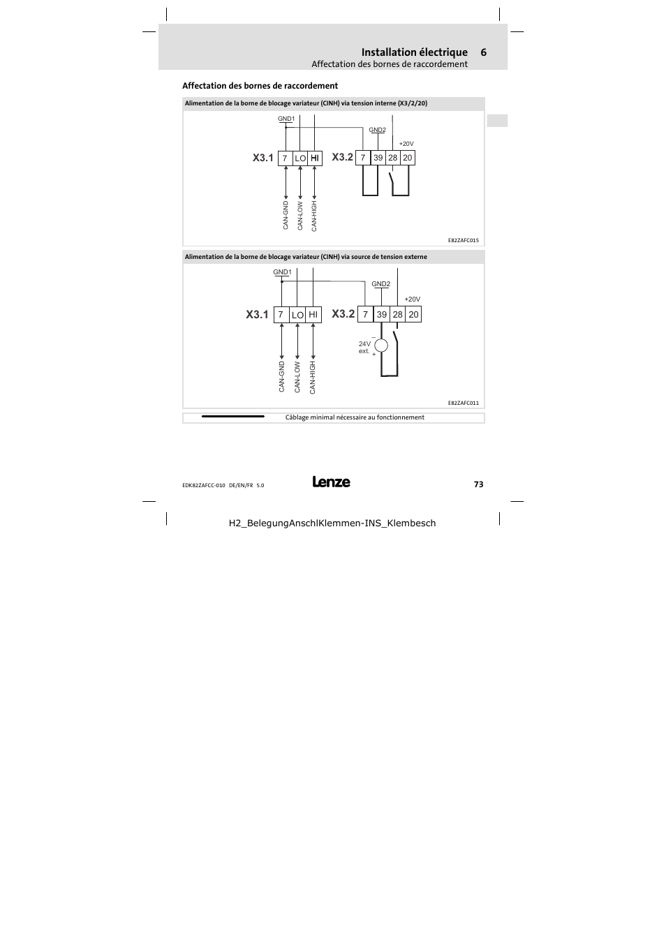 Affectation des bornes de raccordement, X3.1 x3.2, Installation électrique | Lenze E82ZAFCC010 User Manual | Page 73 / 84