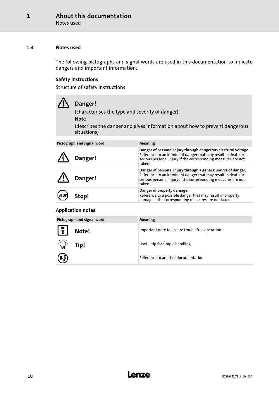 4 notes used, Notes used | Lenze EMF2178IB User Manual | Page 10 / 154