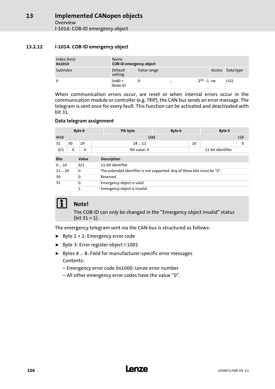 12 i-1014: cob-id emergency object, 12 i−1014: cob−id emergency object, Implemented canopen objects | Lenze EMF2178IB User Manual | Page 104 / 154