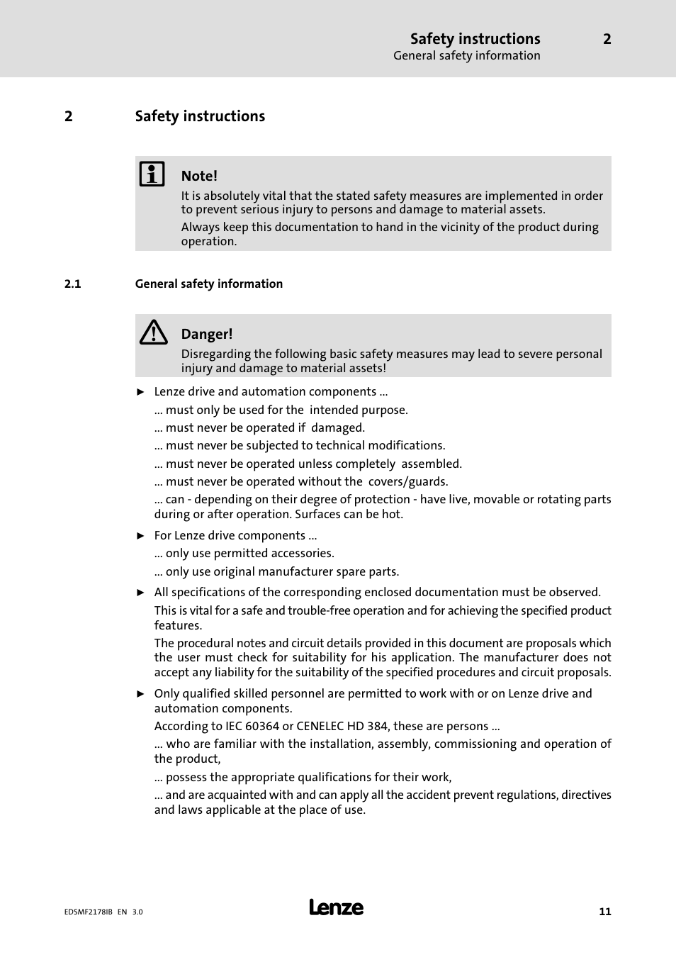 2 safety instructions, 1 general safety information, Safety instructions | General safety information | Lenze EMF2178IB User Manual | Page 11 / 154