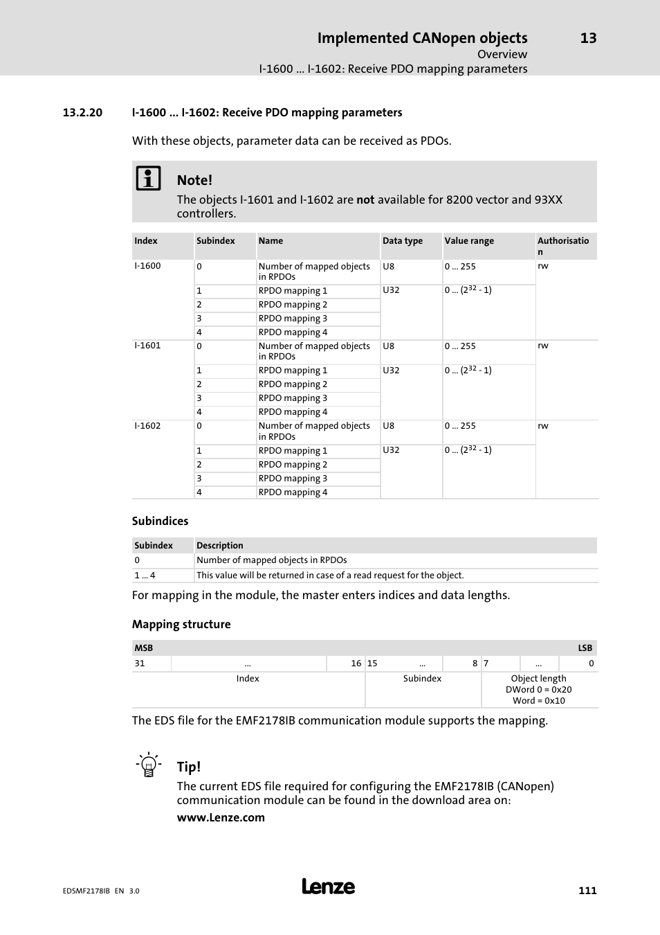 Implemented canopen objects | Lenze EMF2178IB User Manual | Page 111 / 154