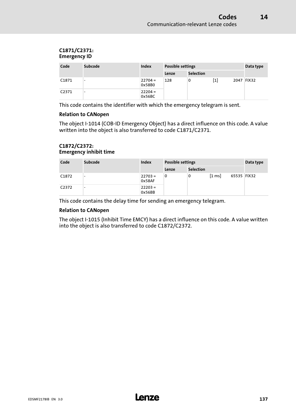 Codes | Lenze EMF2178IB User Manual | Page 137 / 154