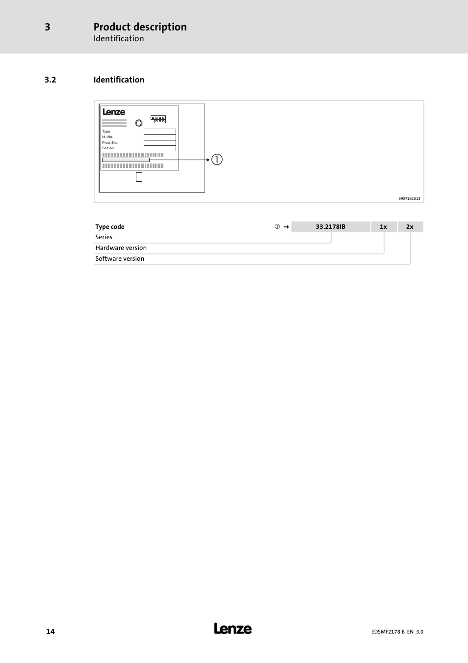 2 identification, Identification, Product description | Lenze EMF2178IB User Manual | Page 14 / 154