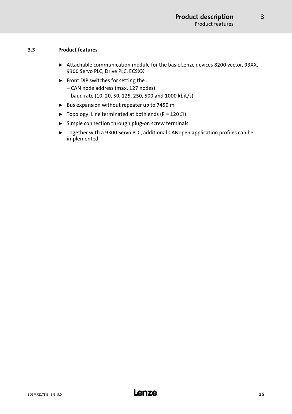 3 product features, Product features, Product description | Lenze EMF2178IB User Manual | Page 15 / 154