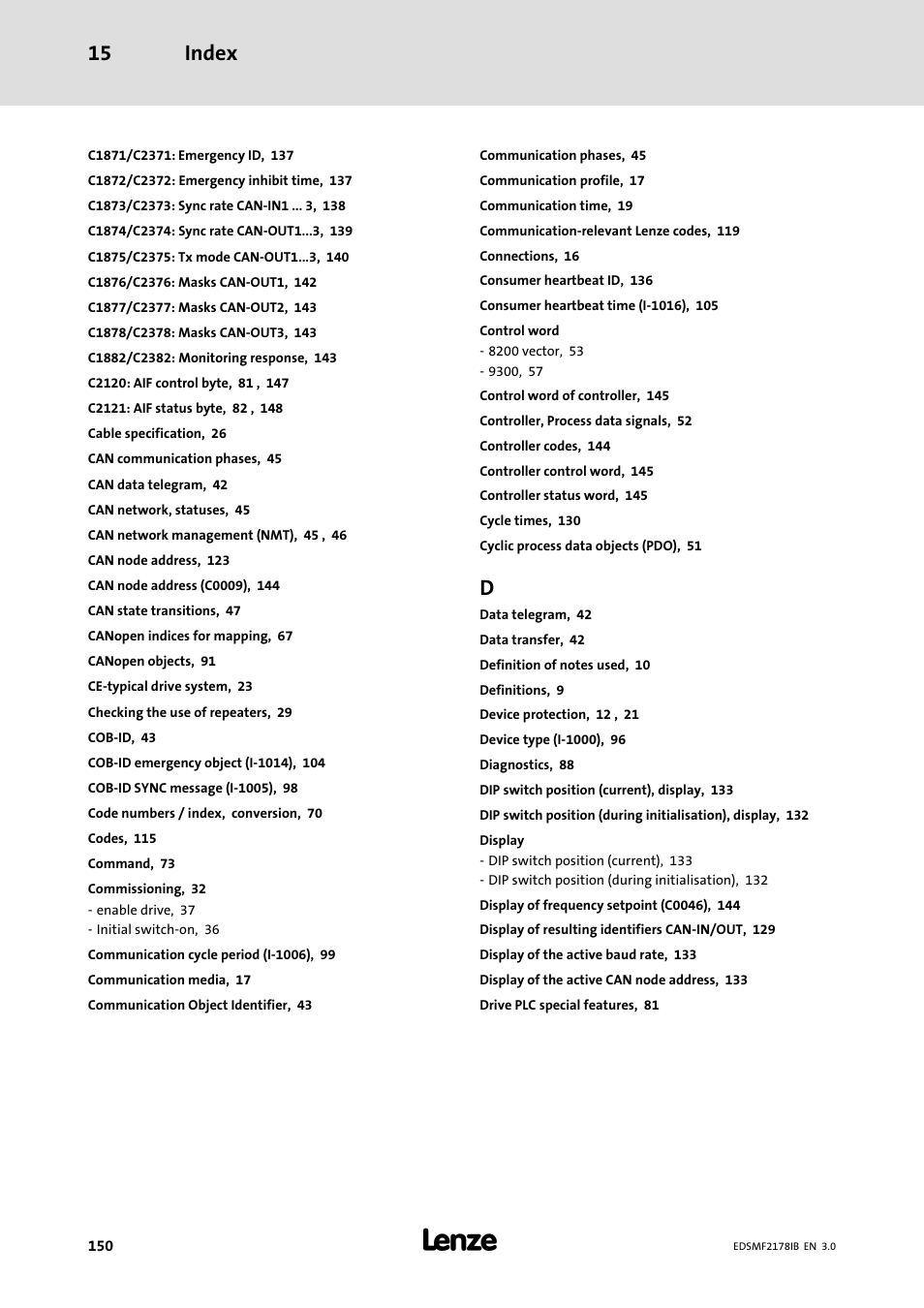 Index 15 | Lenze EMF2178IB User Manual | Page 150 / 154