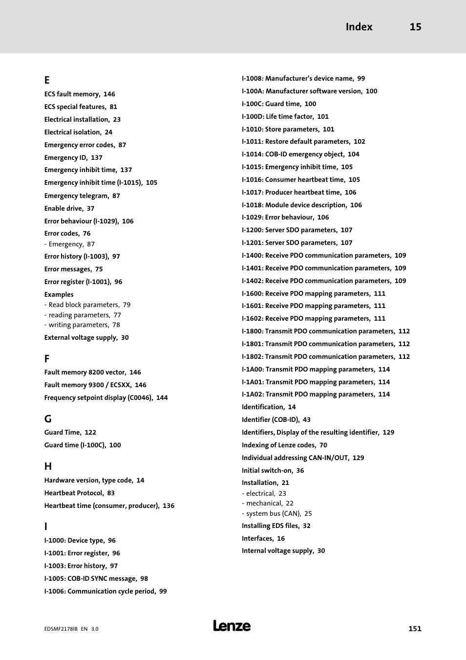 Index 15 | Lenze EMF2178IB User Manual | Page 151 / 154