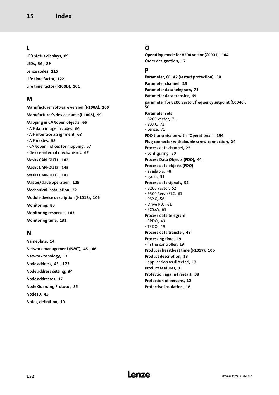 Index 15 | Lenze EMF2178IB User Manual | Page 152 / 154