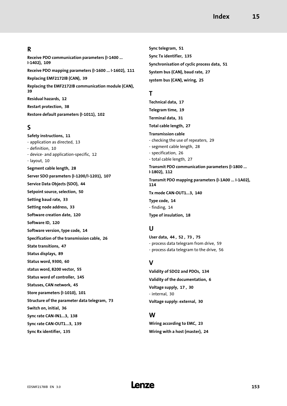 Index 15 | Lenze EMF2178IB User Manual | Page 153 / 154