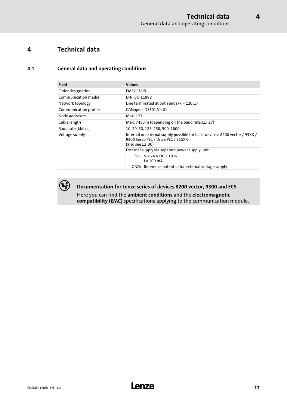 4 technical data, 1 general data and operating conditions, Technical data | General data and operating conditions, 4technical data | Lenze EMF2178IB User Manual | Page 17 / 154