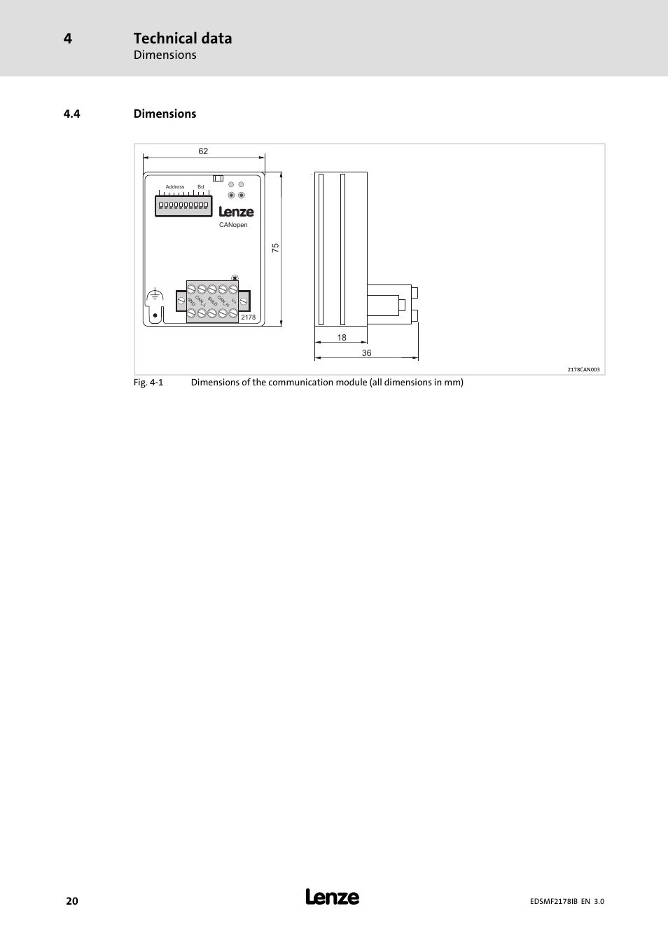 4 dimensions, Dimensions, Technical data | Lenze EMF2178IB User Manual | Page 20 / 154