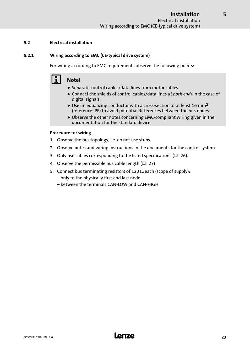 2 electrical installation, Electrical installation, Wiring according to emc (ce−typical drive system) | Installation | Lenze EMF2178IB User Manual | Page 23 / 154