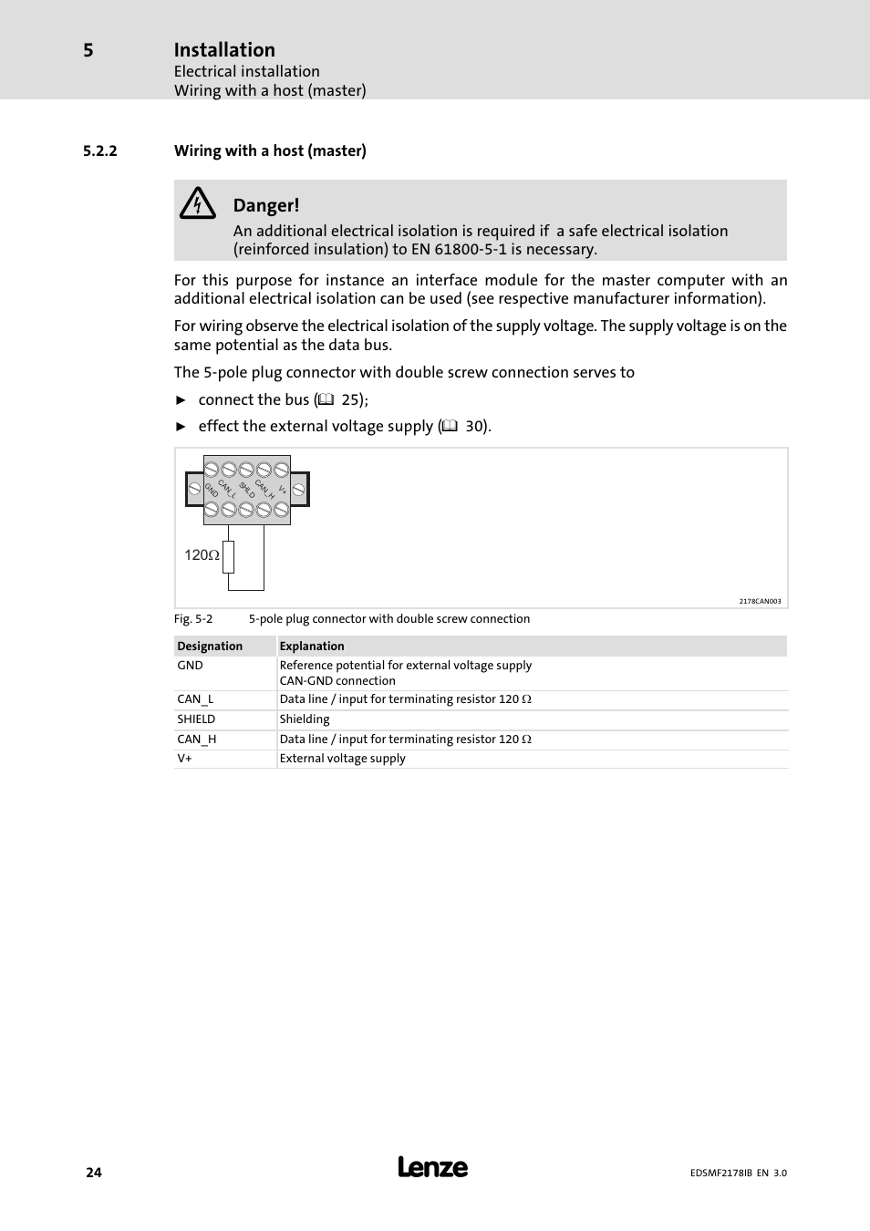 2 wiring with a host (master), Wiring with a host (master), Installation | Danger | Lenze EMF2178IB User Manual | Page 24 / 154