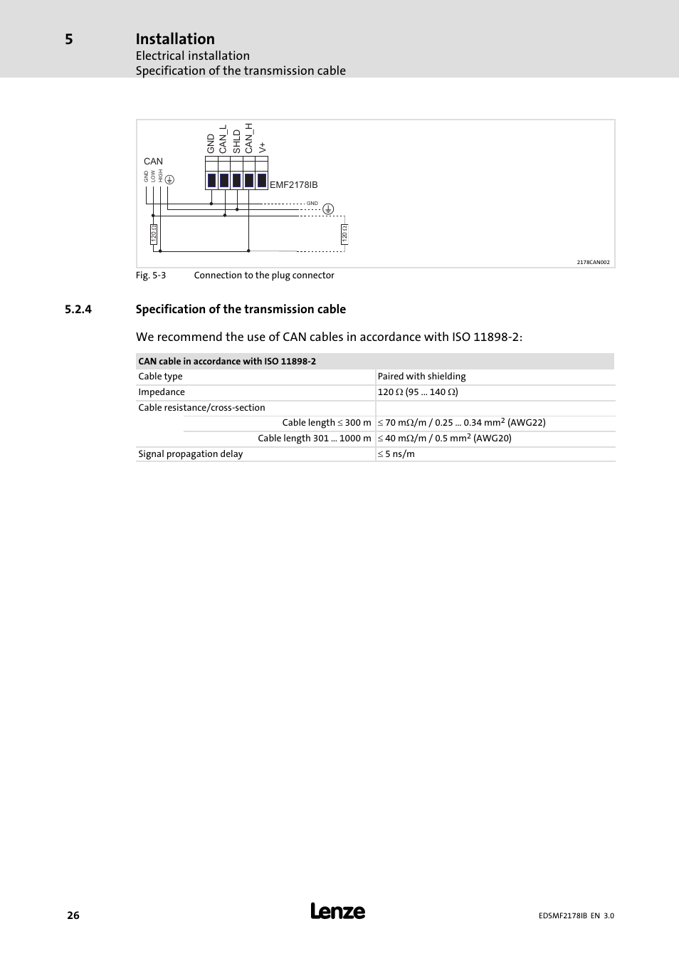 4 specification of the transmission cable, Specification of the transmission cable, Installation | Lenze EMF2178IB User Manual | Page 26 / 154