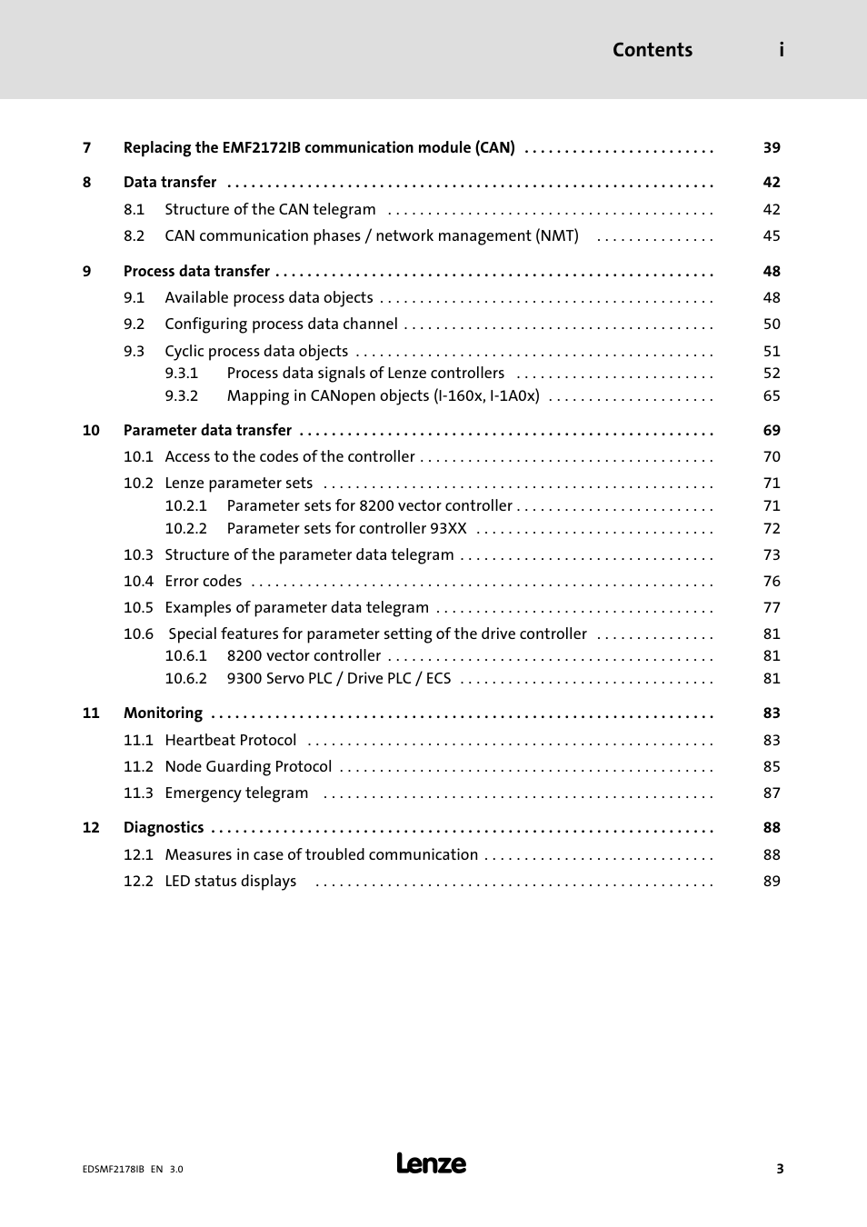 Contents i | Lenze EMF2178IB User Manual | Page 3 / 154