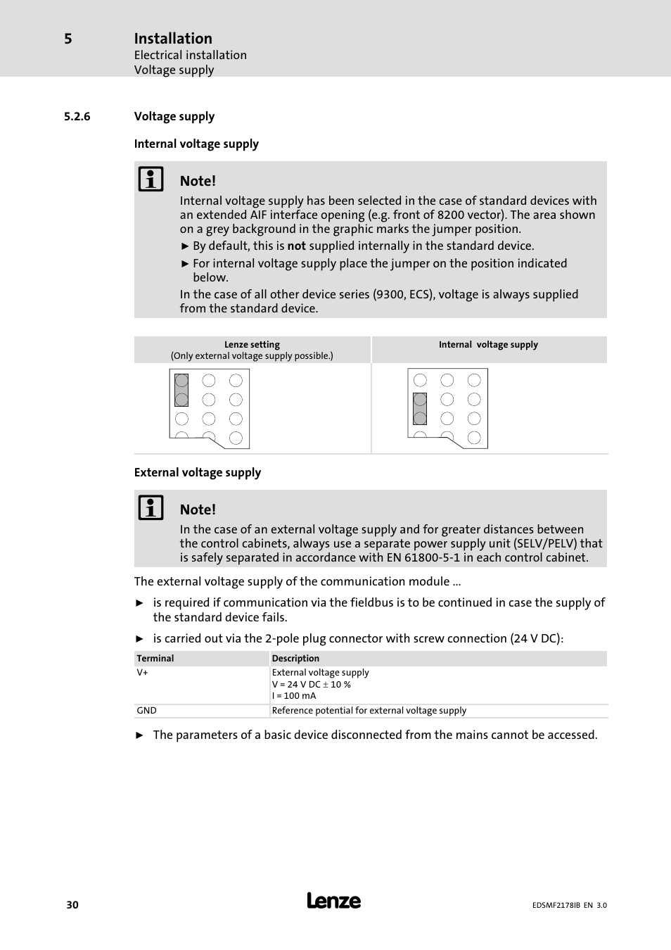 6 voltage supply, Voltage supply, Installation | Lenze EMF2178IB User Manual | Page 30 / 154