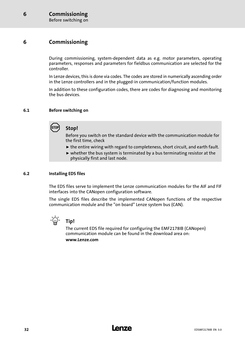 6 commissioning, 1 before switching on, 2 installing eds files | Commissioning, Before switching on, Installing eds files | Lenze EMF2178IB User Manual | Page 32 / 154