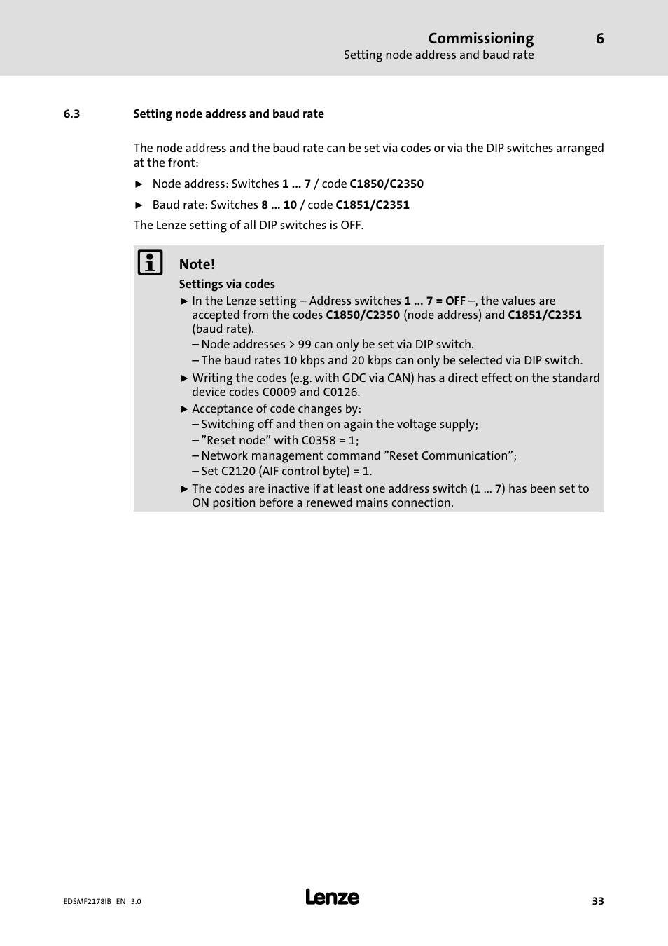 3 setting node address and baud rate, Setting node address and baud rate, 33), if you do | Commissioning | Lenze EMF2178IB User Manual | Page 33 / 154
