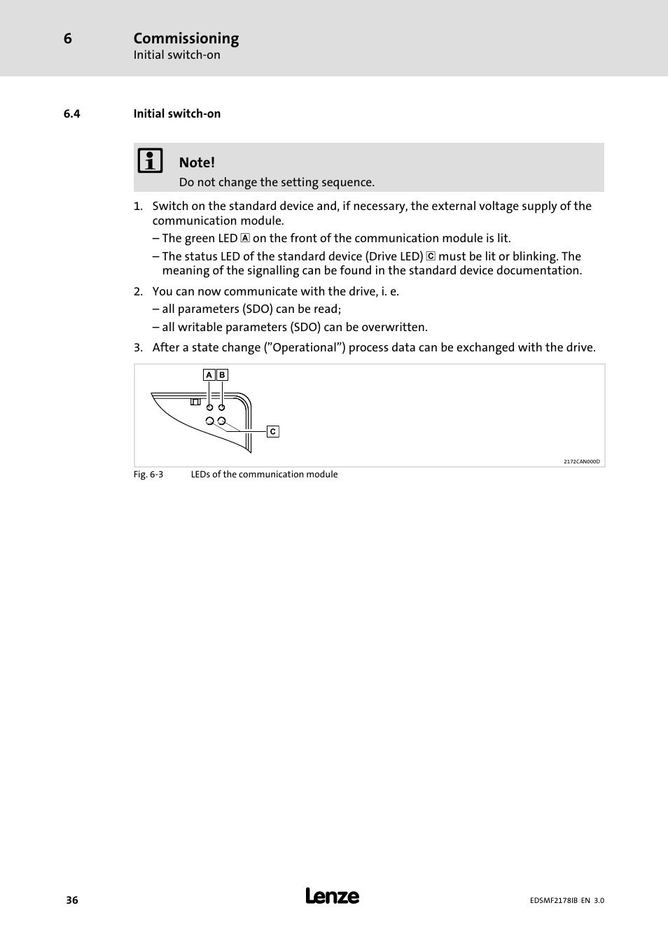 4 initial switch-on, Initial switch−on | Lenze EMF2178IB User Manual | Page 36 / 154