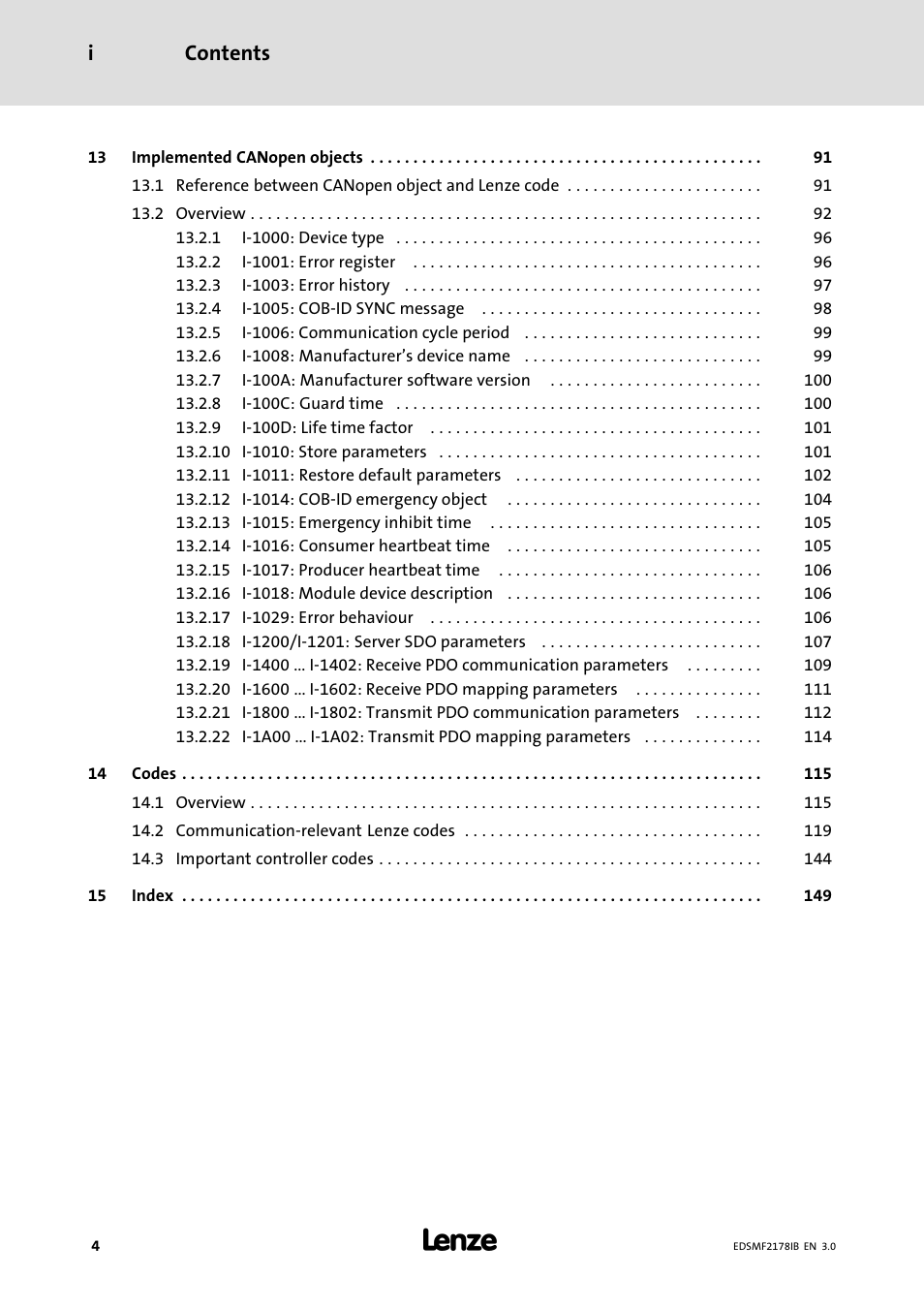 Contents i | Lenze EMF2178IB User Manual | Page 4 / 154