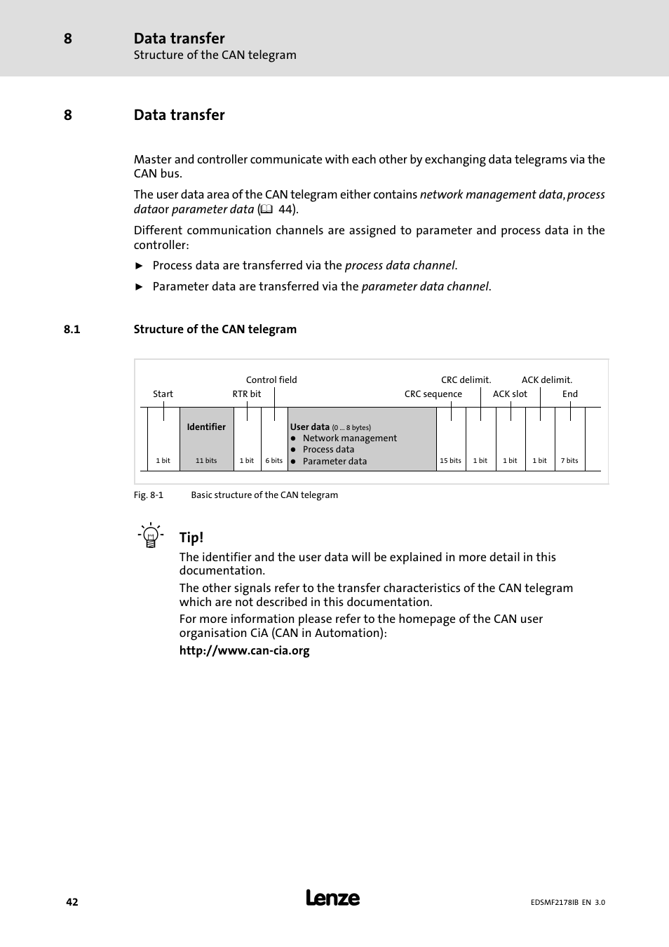 8 data transfer, 1 structure of the can telegram, Data transfer | Structure of the can telegram, 8data transfer | Lenze EMF2178IB User Manual | Page 42 / 154