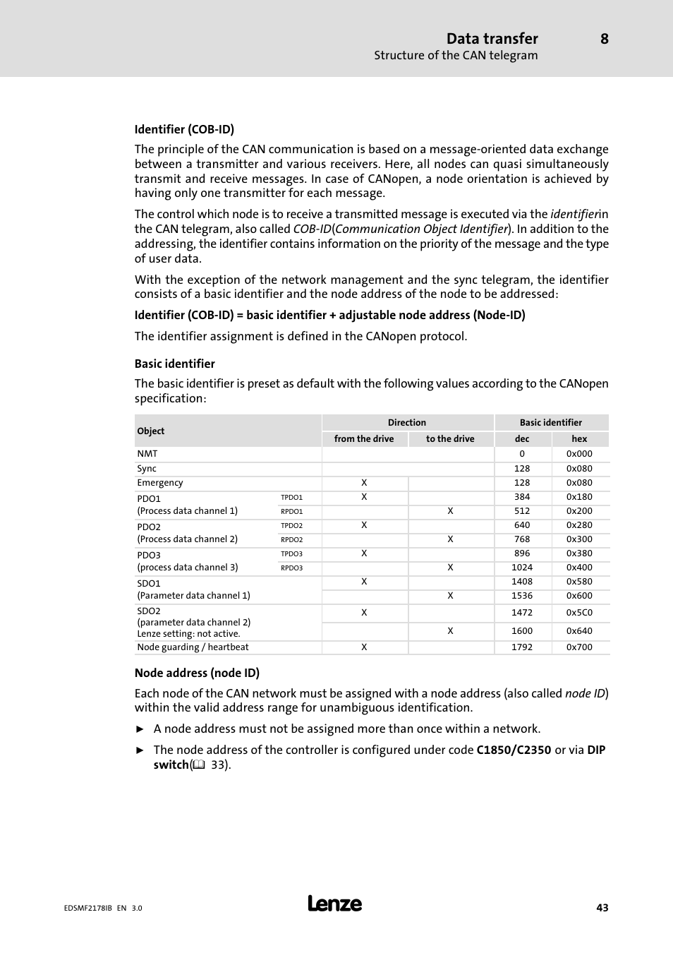 Data transfer | Lenze EMF2178IB User Manual | Page 43 / 154