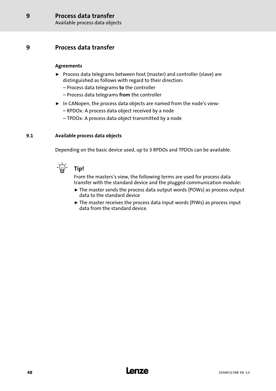 9 process data transfer, 1 available process data objects, Process data transfer | Available process data objects | Lenze EMF2178IB User Manual | Page 48 / 154