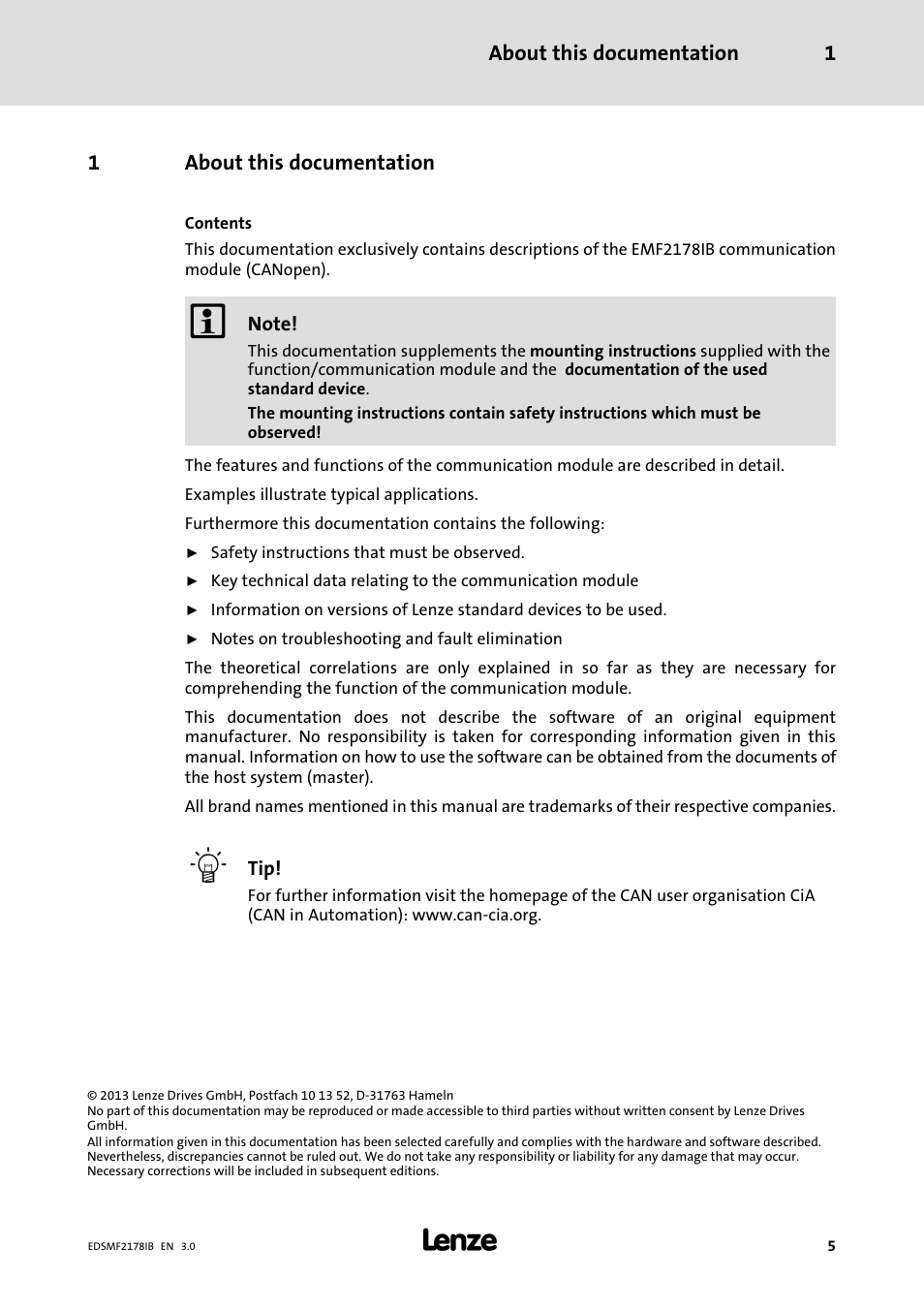 1 about this documentation, About this documentation | Lenze EMF2178IB User Manual | Page 5 / 154