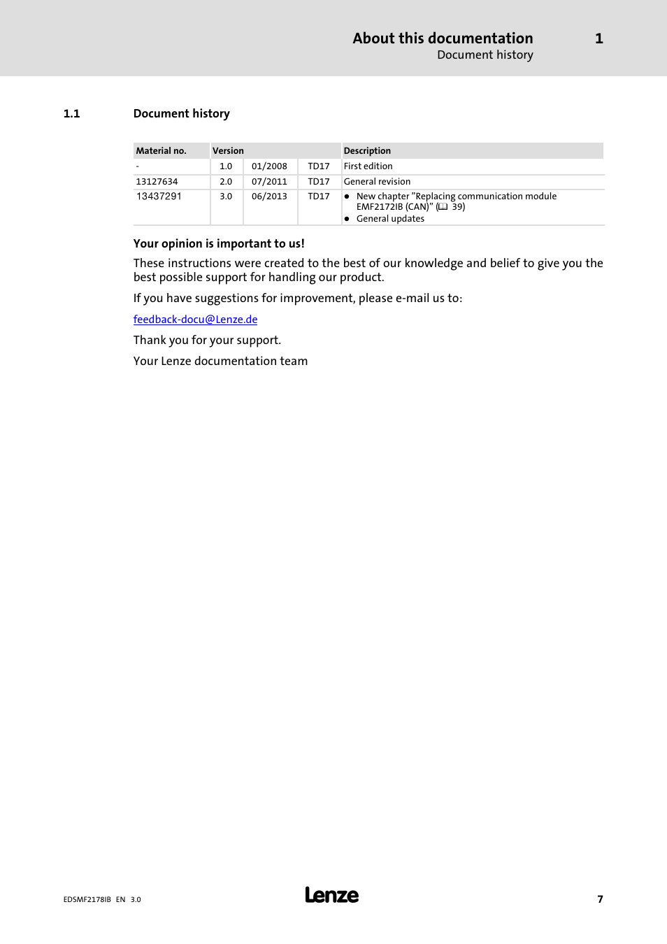 1 document history, Document history, About this documentation | Lenze EMF2178IB User Manual | Page 7 / 154