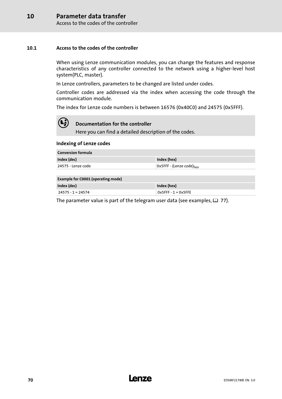 1 access to the codes of the controller, Parameter data transfer | Lenze EMF2178IB User Manual | Page 70 / 154