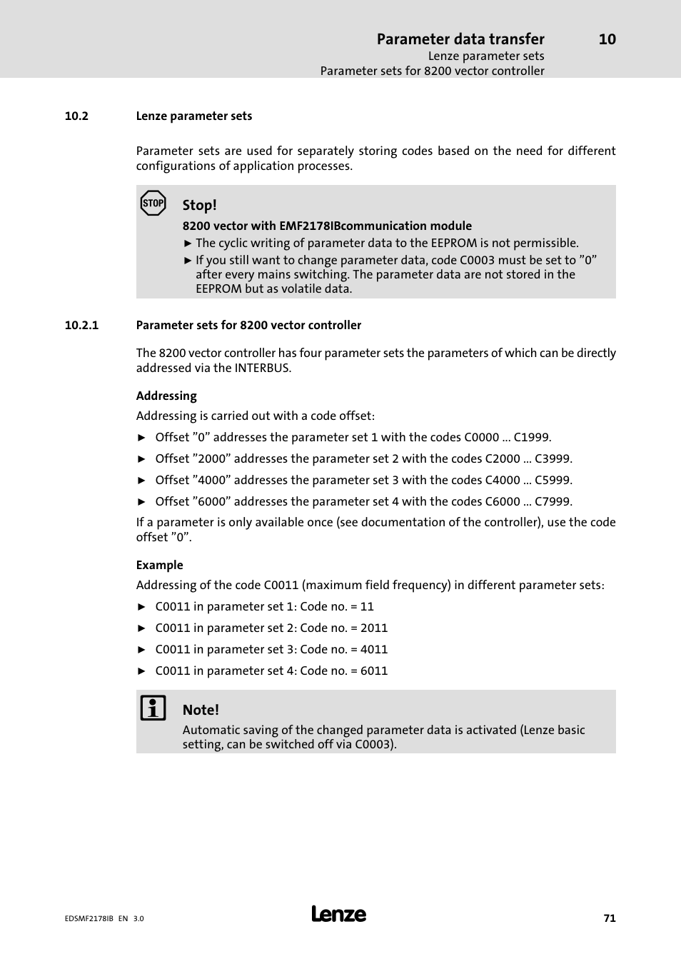 2 lenze parameter sets, 1 parameter sets for 8200 vector controller, Parameter sets for 8200 vector controller | Parameter data transfer | Lenze EMF2178IB User Manual | Page 71 / 154
