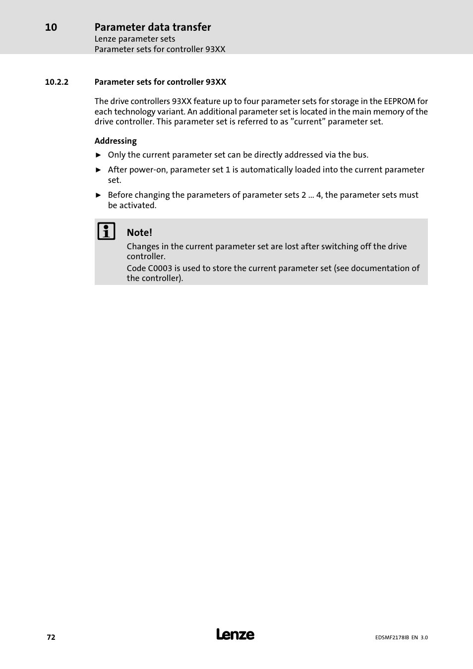 2 parameter sets for controller 93xx, Parameter sets for controller 93xx | Lenze EMF2178IB User Manual | Page 72 / 154