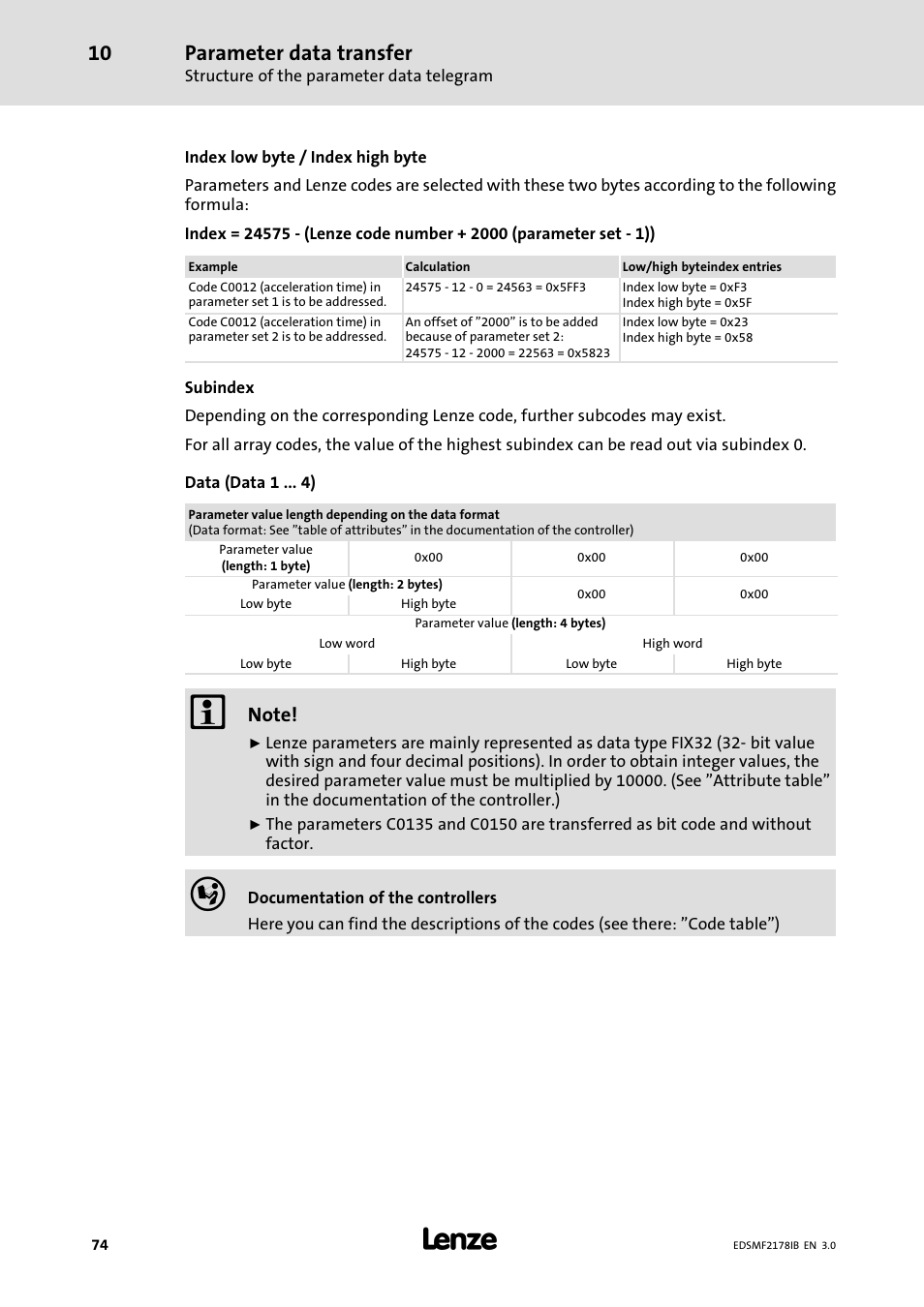 Parameter data transfer | Lenze EMF2178IB User Manual | Page 74 / 154